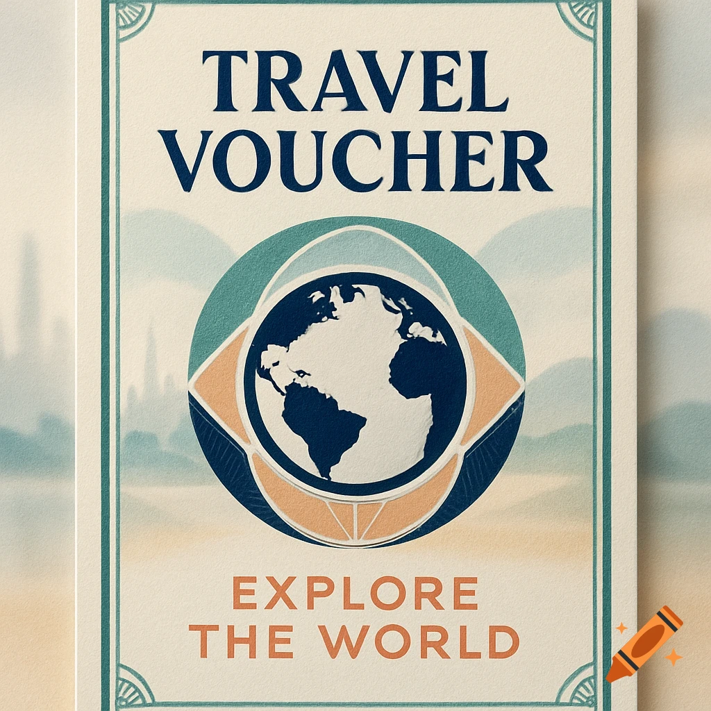 A vintage-style travel voucher poster with a central globe illustration and text reading 'TRAVEL VOUCHER' and 'EXPLORE THE WORLD'.