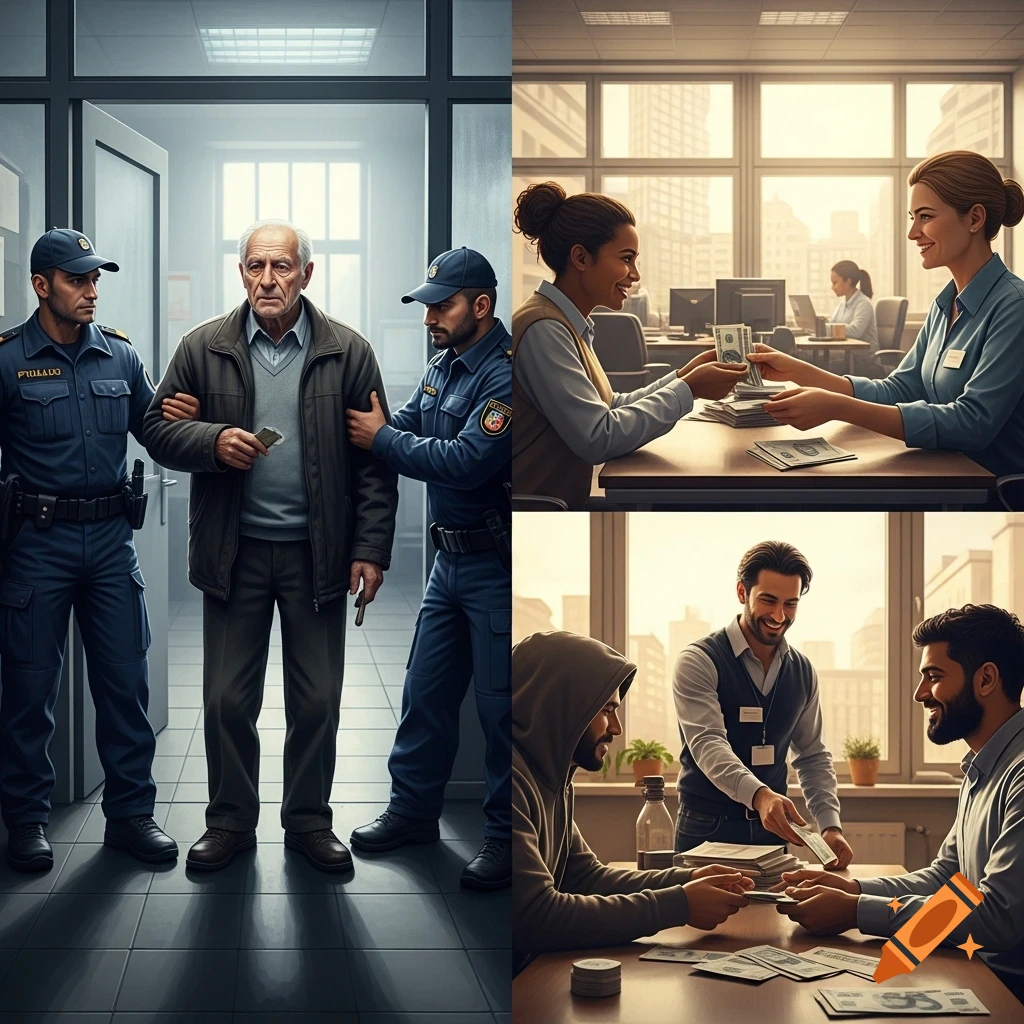 A four-panel image contrasting two scenarios: police escort an older man holding cash, while in an office setting, people cheerfully exchange stacks of money.