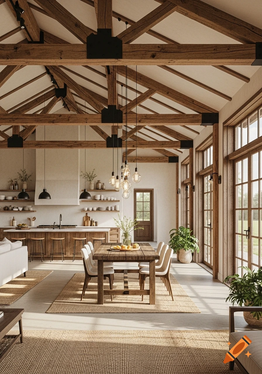 A spacious, sunlit modern farm-style open-concept kitchen and dining room with exposed wooden beams and large windows.