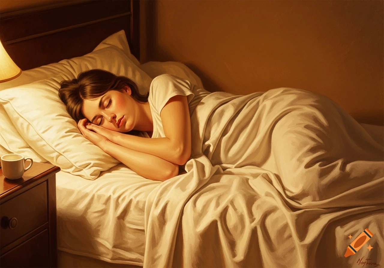 A softly rendered, classical fine-art painting of a young woman sleeping peacefully in a warm, dimly lit bed.