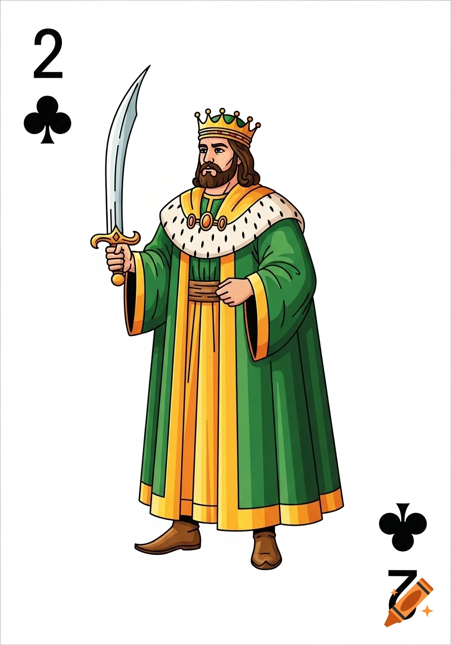 A cartoon king in green and yellow robes holds a scimitar on a playing card featuring the number 2 and club suit symbols.