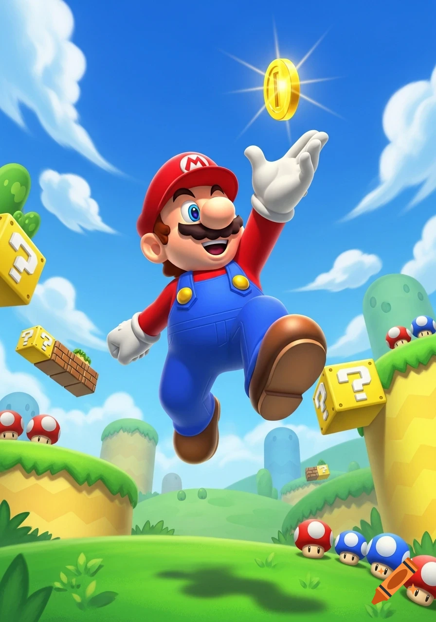 Super Mario jumps for a golden coin in a vibrant cartoon landscape with question mark blocks and mushrooms.