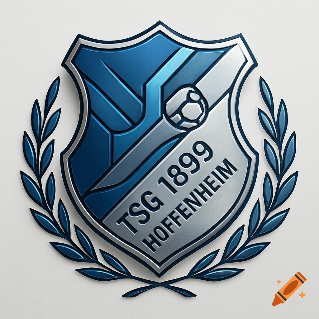 A modern blue and silver crest for TSG 1899 Hoffenheim, featuring a soccer ball and laurel branches.