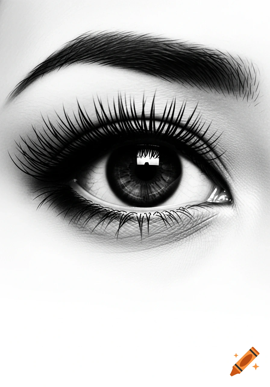 A striking black and white close-up of a human eye with long, dark eyelashes and a defined eyebrow.
