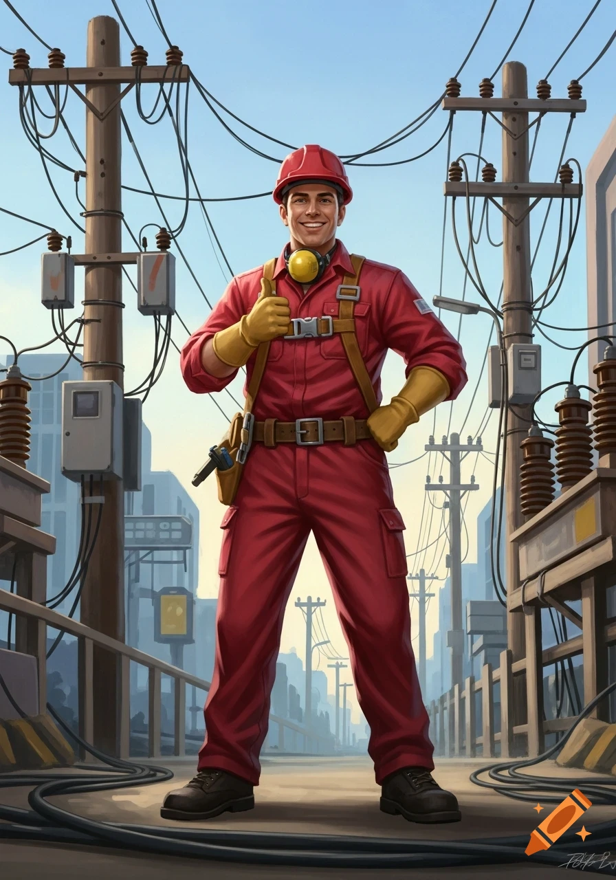 Smiling electrician in red uniform, hard hat, and gloves gives a thumbs up amidst power lines and utility poles. Realistic illustration.