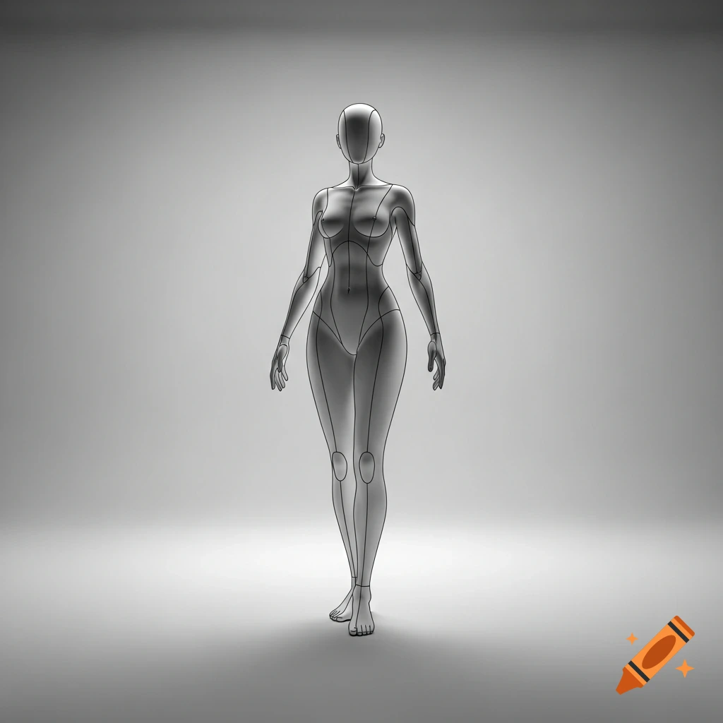 A stylized grayscale mannequin-like female figure with visible construction lines, standing on a neutral background.