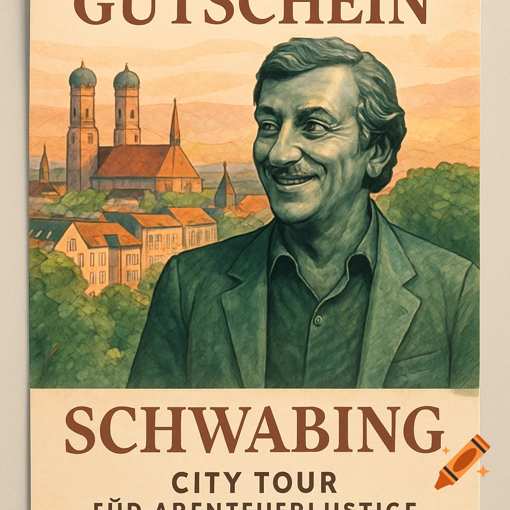 Vintage poster-style illustration of a smiling man in a suit jacket with the Munich skyline and text 'GUTSCHEIN SCHWABING CITY TOUR' against an orange sky.