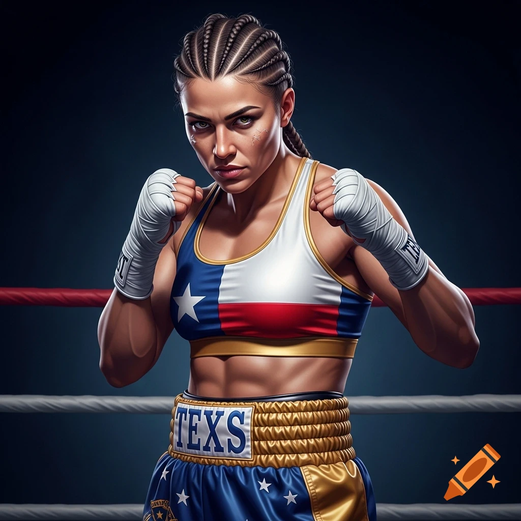 A powerful female boxer with braided hair and wrapped fists in Texas-inspired attire stands in a boxing ring.