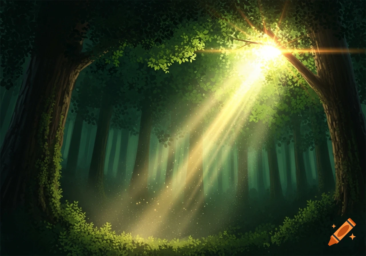 Golden sunbeams pierce through a lush green forest, illuminating dust particles in the air and the forest floor.