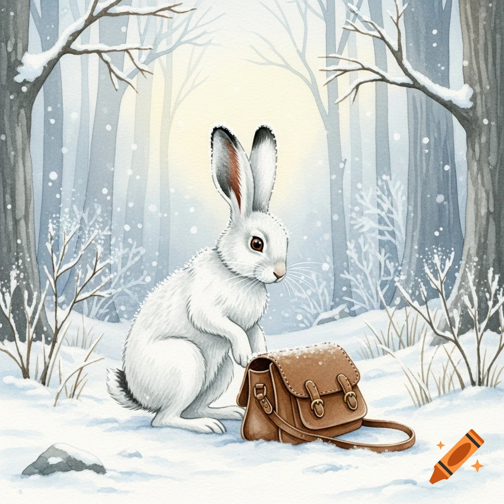 A cute white rabbit looks at a brown satchel in a snowy watercolor ...