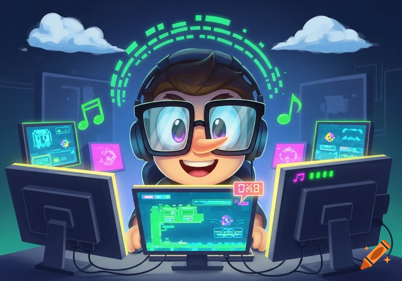 A cartoon character with glasses and headphones smiles at a computer ...