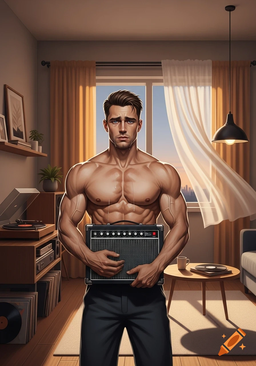 Muscular man crying in a living room while holding a guitar amplifier in his hands.