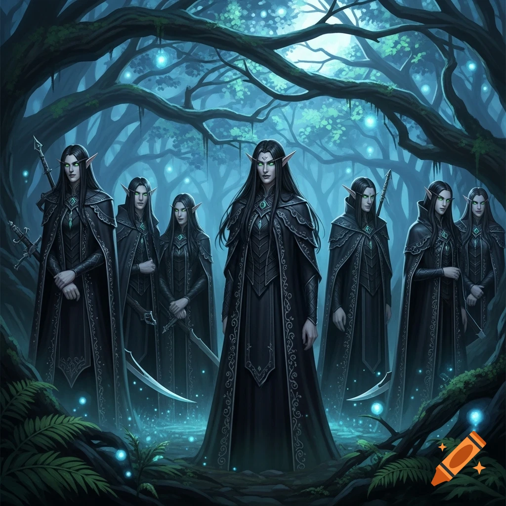 A group of dark elves with black hair and green eyes stand in a mystical forest, illuminated by glowing blue lights.