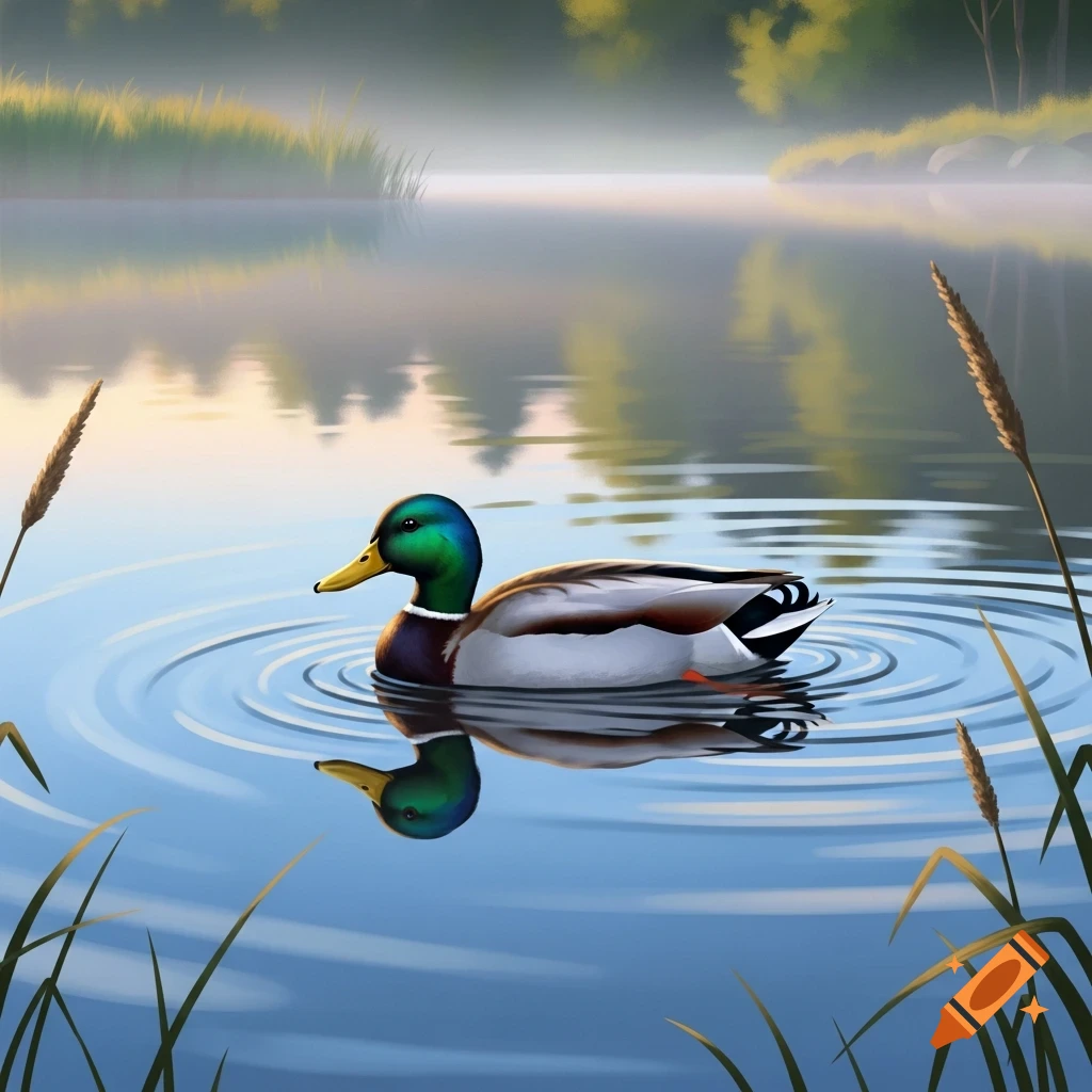 A mallard duck swims serenely on a calm, reflective lake with reeds and a misty forest in the background, in an illustrative style.