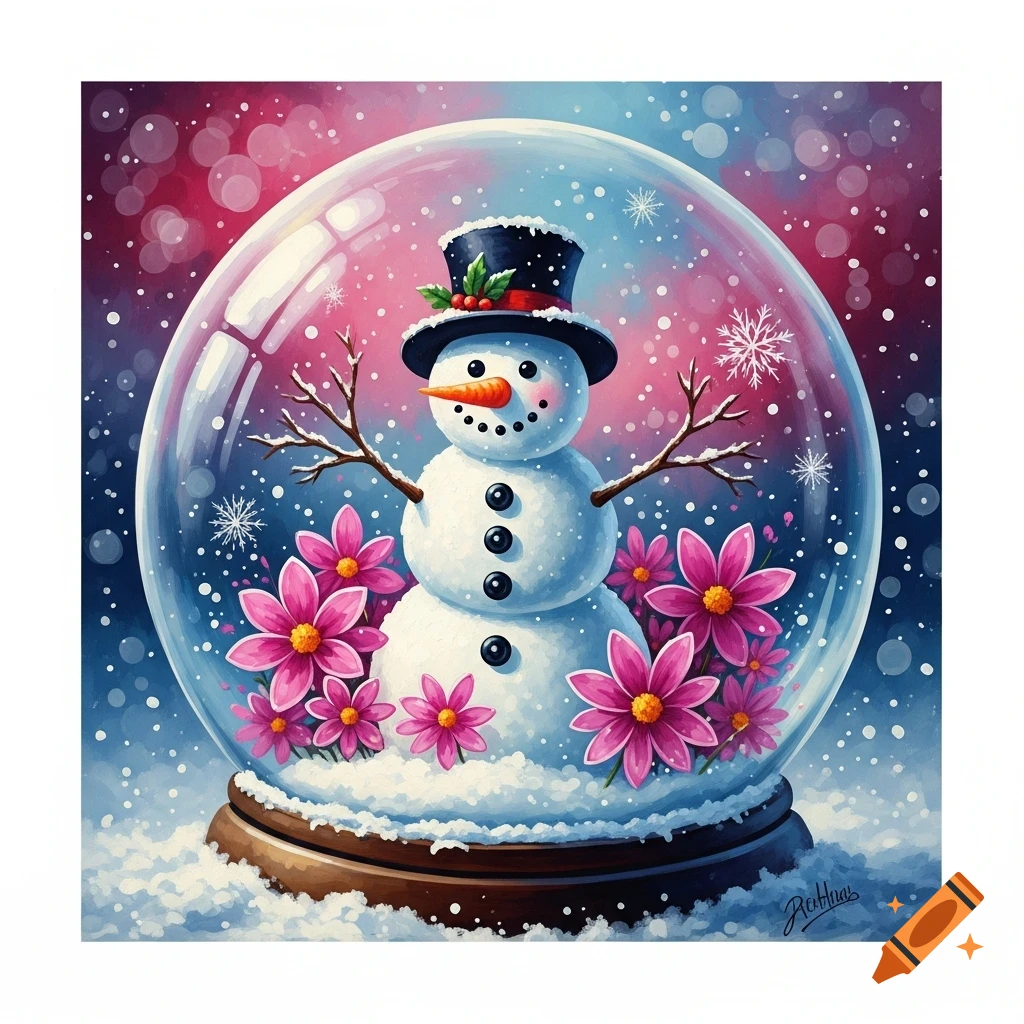 Acrylic painting of a cheerful snowman in a top hat, surrounded by magenta snow flowers, inside a snow globe with a bokeh background.