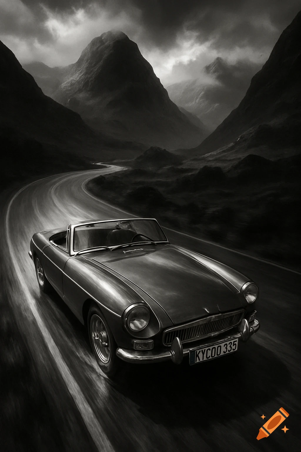 Black and white MGB Roadster on a winding road through a misty, mountainous valley.