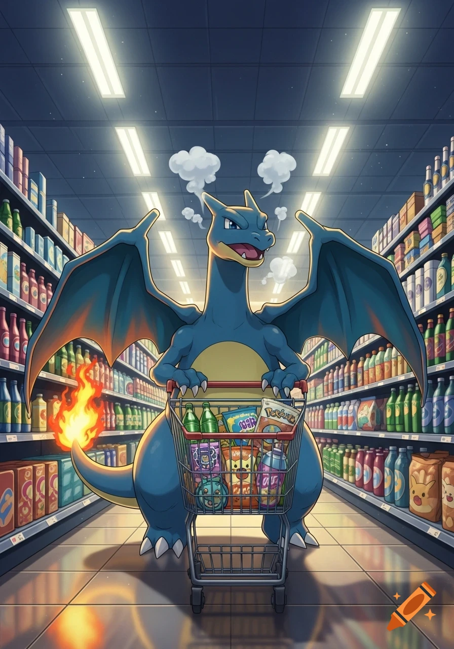 A blue Charizard pushes a full shopping cart down a bright supermarket aisle, styled as a cartoon.