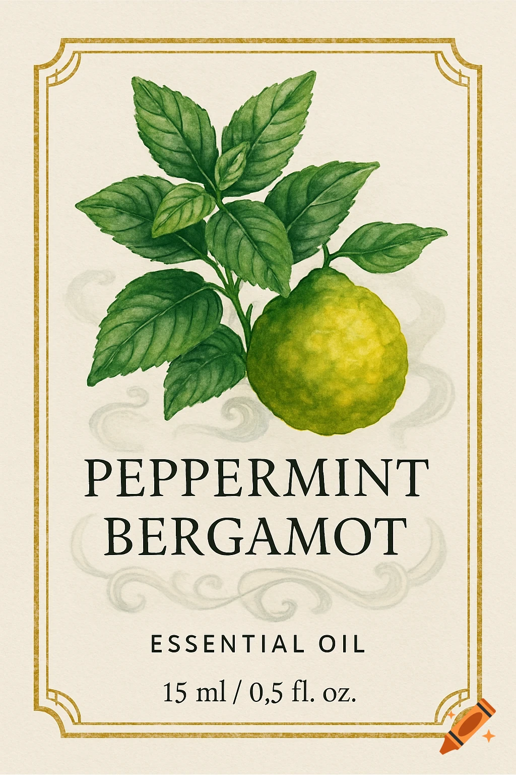 A vintage label for peppermint bergamot essential oil, featuring a watercolor illustration of green leaves and a lime-green citrus fruit.
