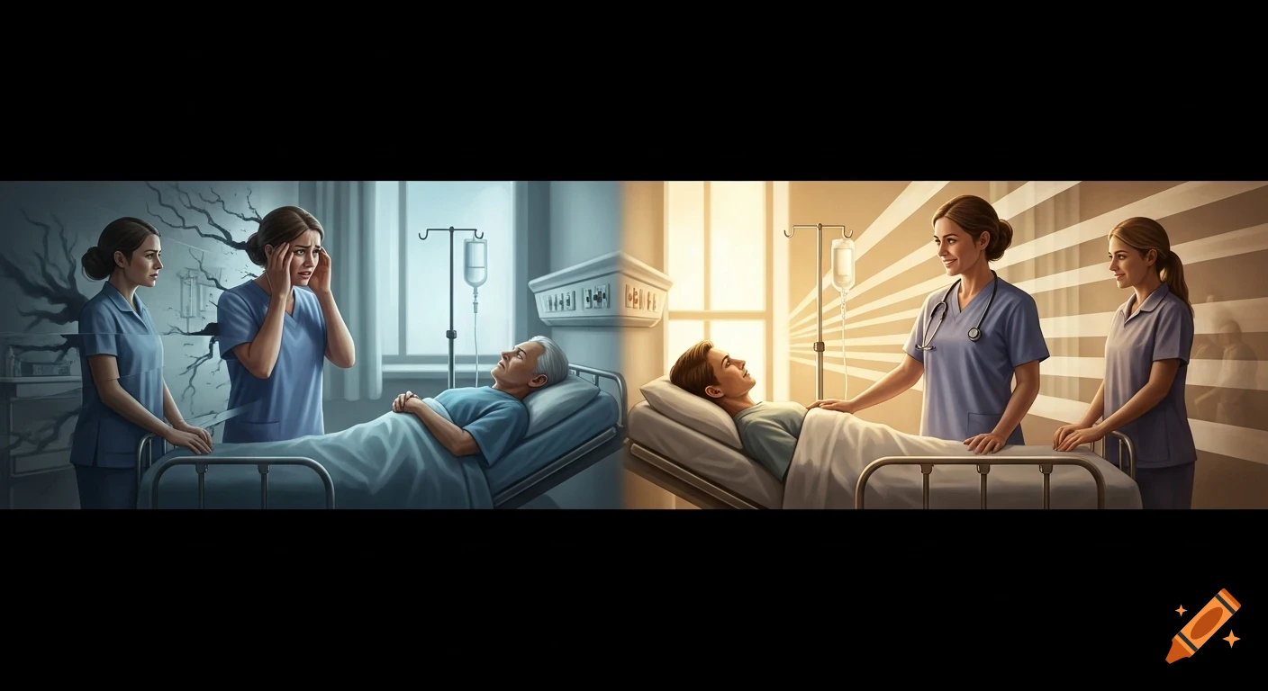 A split image contrasting two hospital scenes. The left shows distressed nurses and an elderly patient in a cool-toned, gloomy room with cracked walls. The right shows confident nurses and a young patient in a warm-toned, bright room with radiant light.