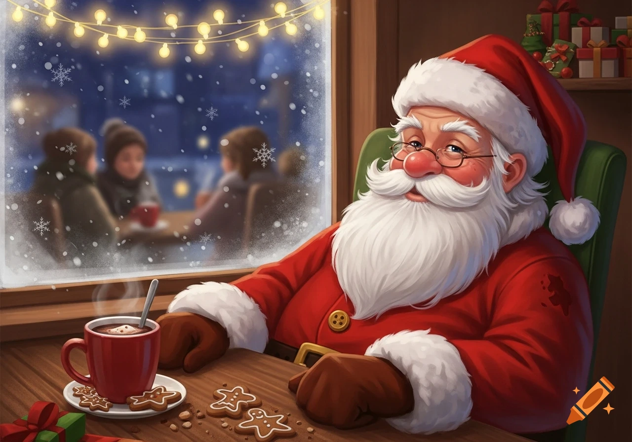Santa Claus in a red suit sitting at a wooden table in a cafe, enjoying hot chocolate and gingerbread cookies as snow falls outside the window.