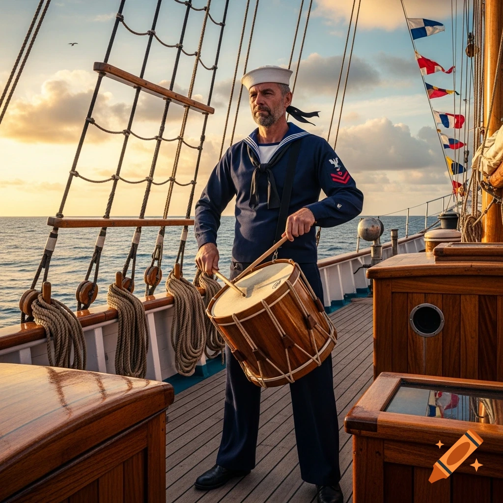 A bearded sailor in a blue uniform stands on a ship's wooden deck at sunset, holding a drum and drumsticks.