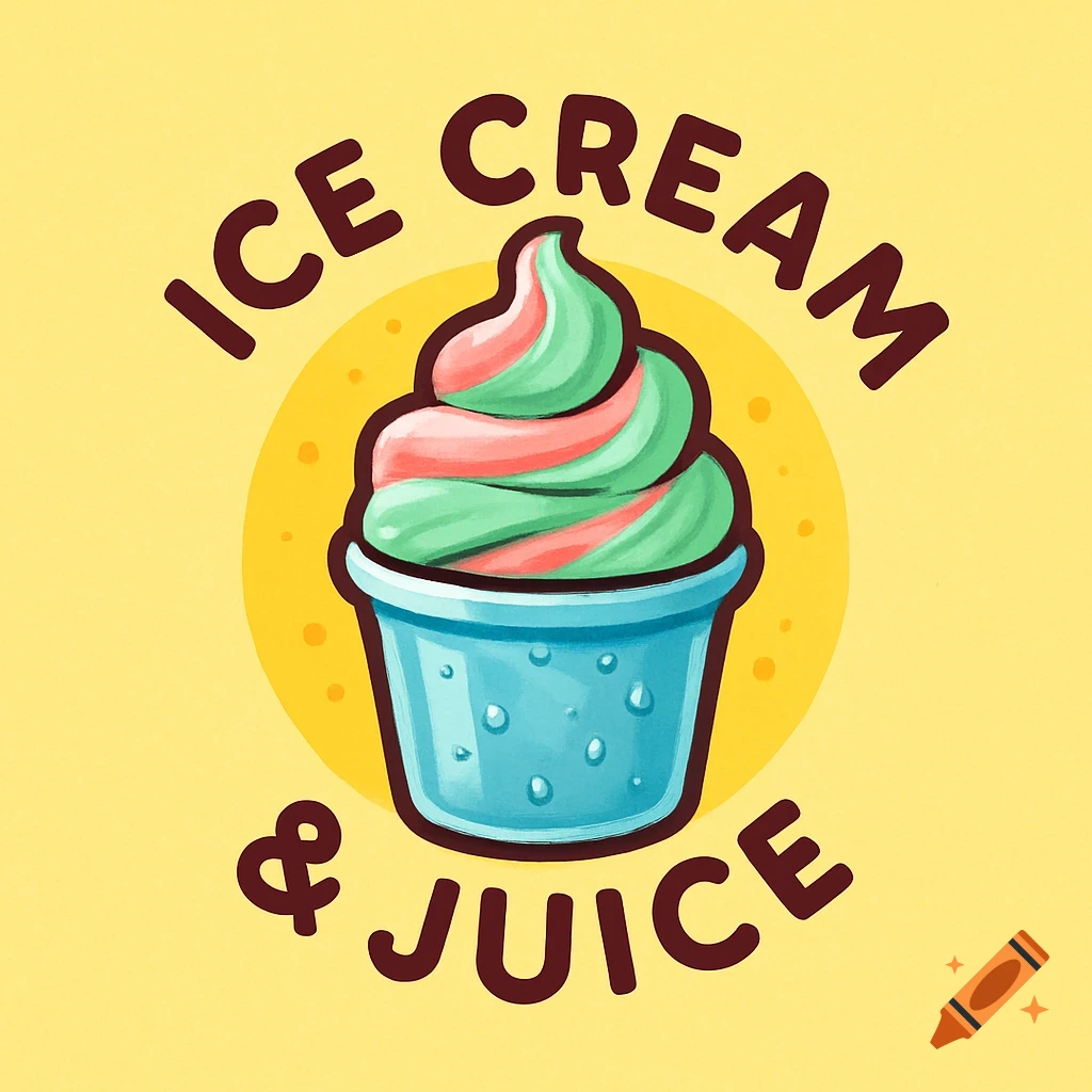 A colorful, cartoon-style logo for 'ICE CREAM & JUICE' featuring a swirl of pink and green ice cream in a blue cup, on a yellow background.
