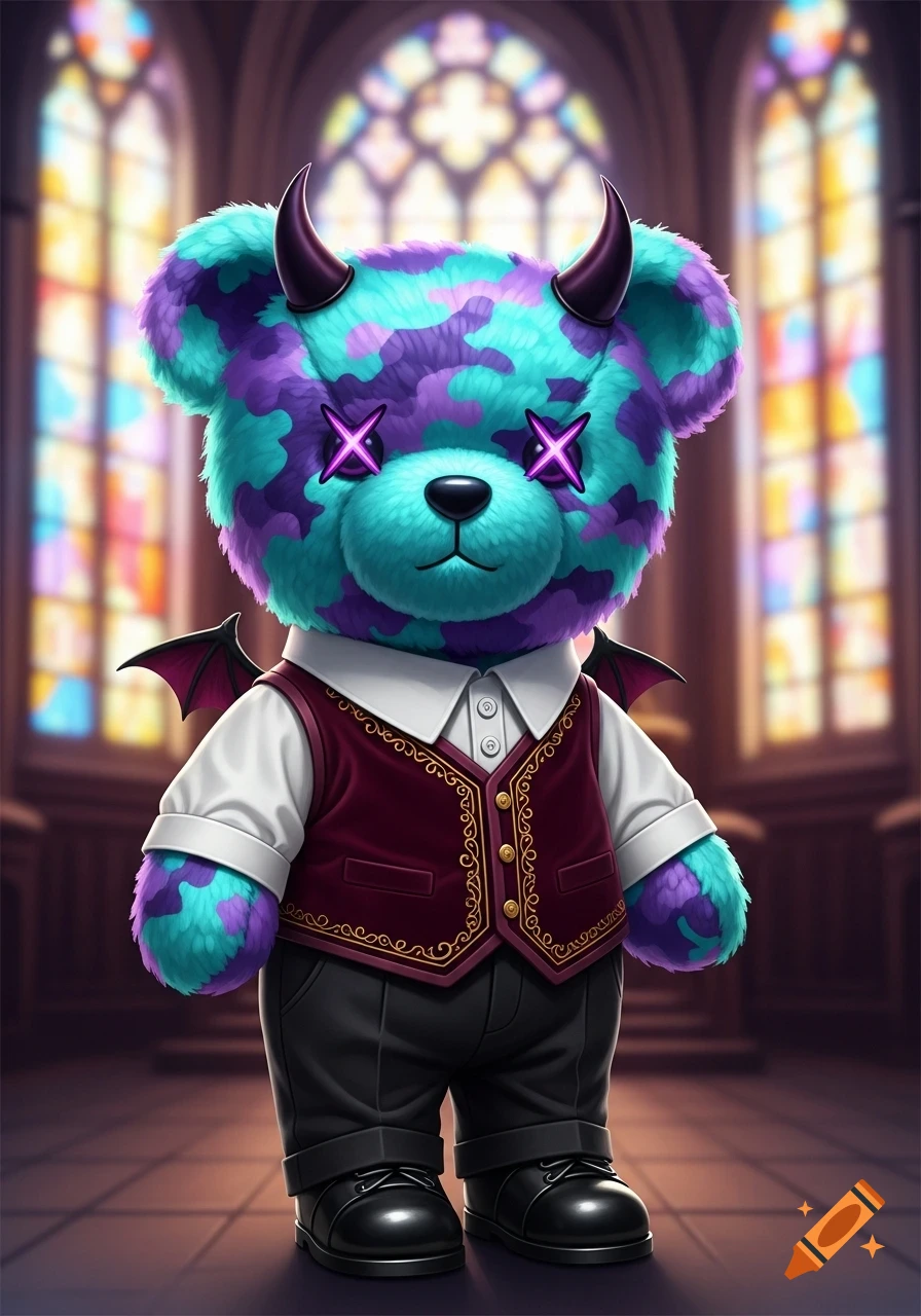 A turquoise and purple camo teddy bear with devil horns and glowing X-eyes, dressed in a vest, stands in a church.