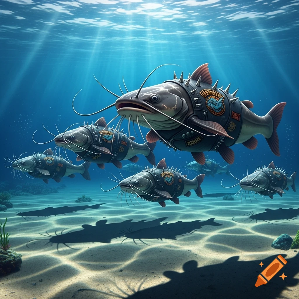 A school of catfish, wearing spiked biker jackets and patches, swims underwater with sunlight filtering through the surface.
