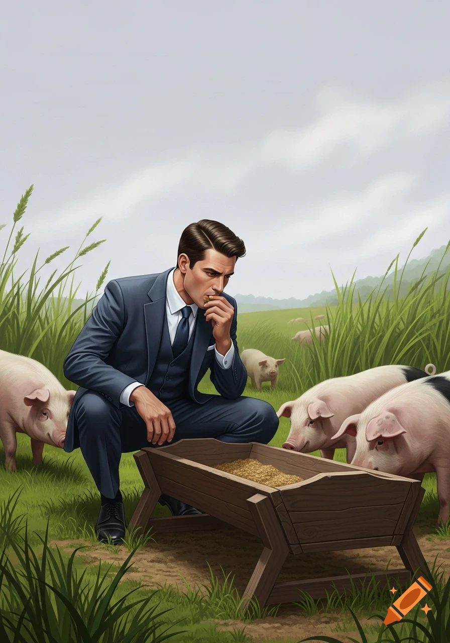 A man in a blue business suit crouches in a grassy field, surrounded by pigs, as he eats from a wooden pig trough.