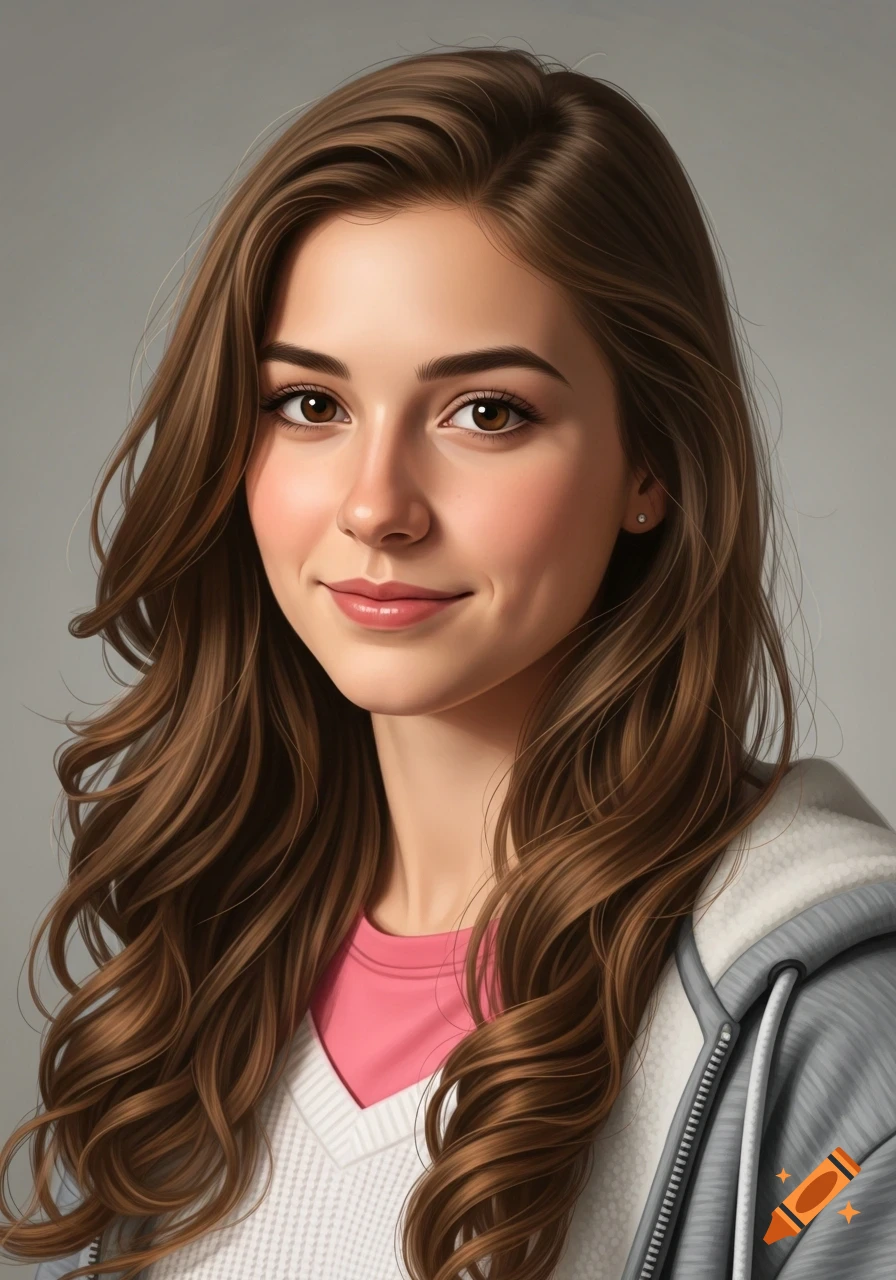 Photorealistic portrait of a young woman with long brown wavy hair, brown eyes, and a light smile, wearing casual layered clothing.