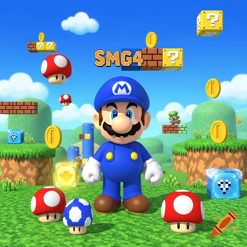 A blue Mario-like character stands in a vibrant Super Mario landscape with question blocks, coins, mushrooms, and the text 'SMG4' in the sky.