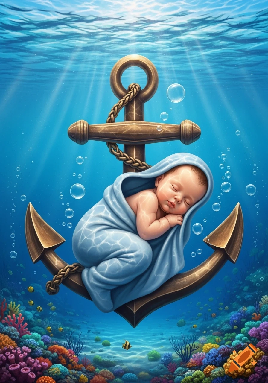 A sleeping baby in a blue blanket rests on a large golden anchor underwater, surrounded by colorful coral and fish in an illustrative style.