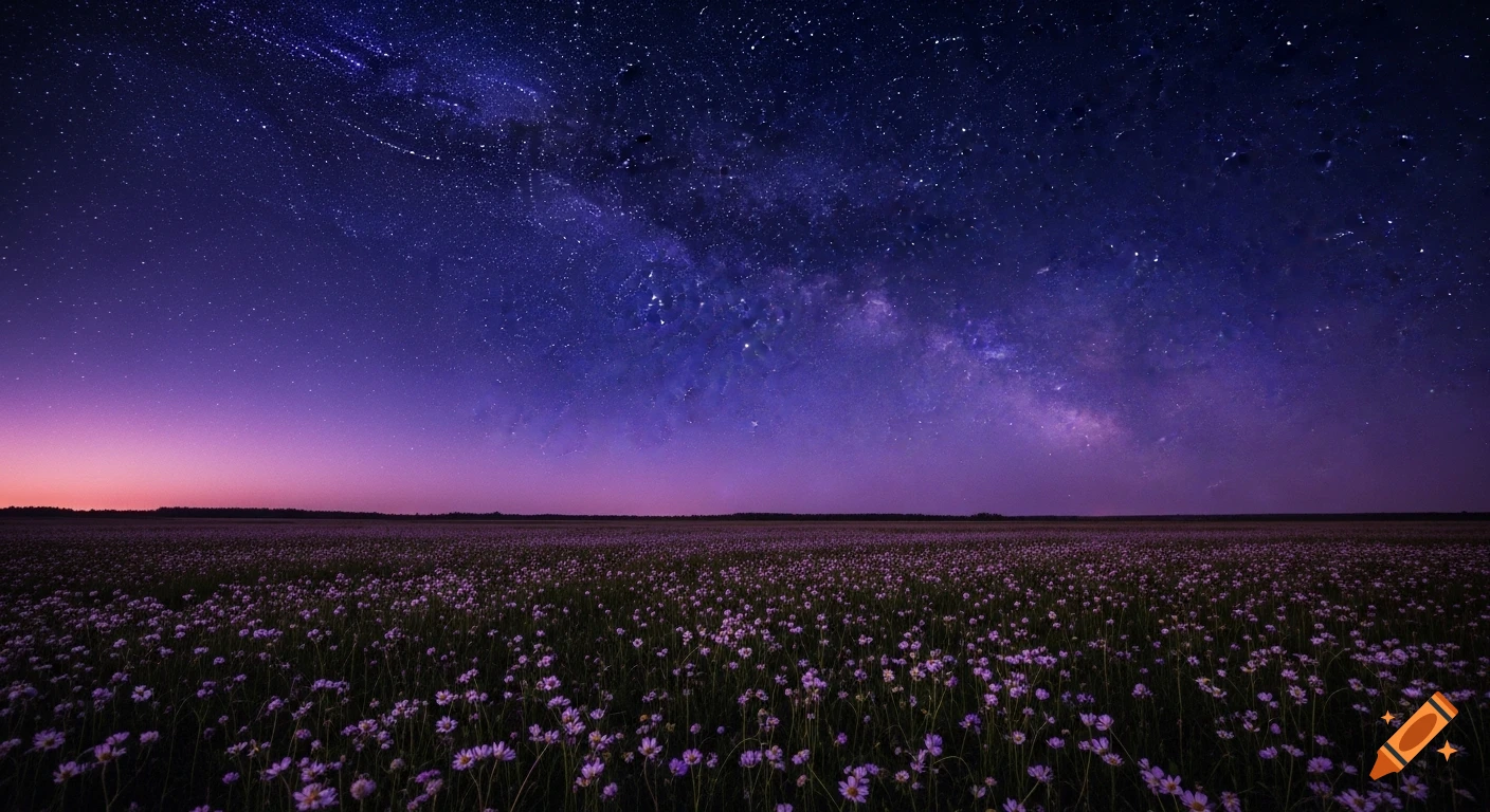A vast field of small purple and white flowers under a breathtaking starry night sky, with a pink-purple twilight glow on the horizon.