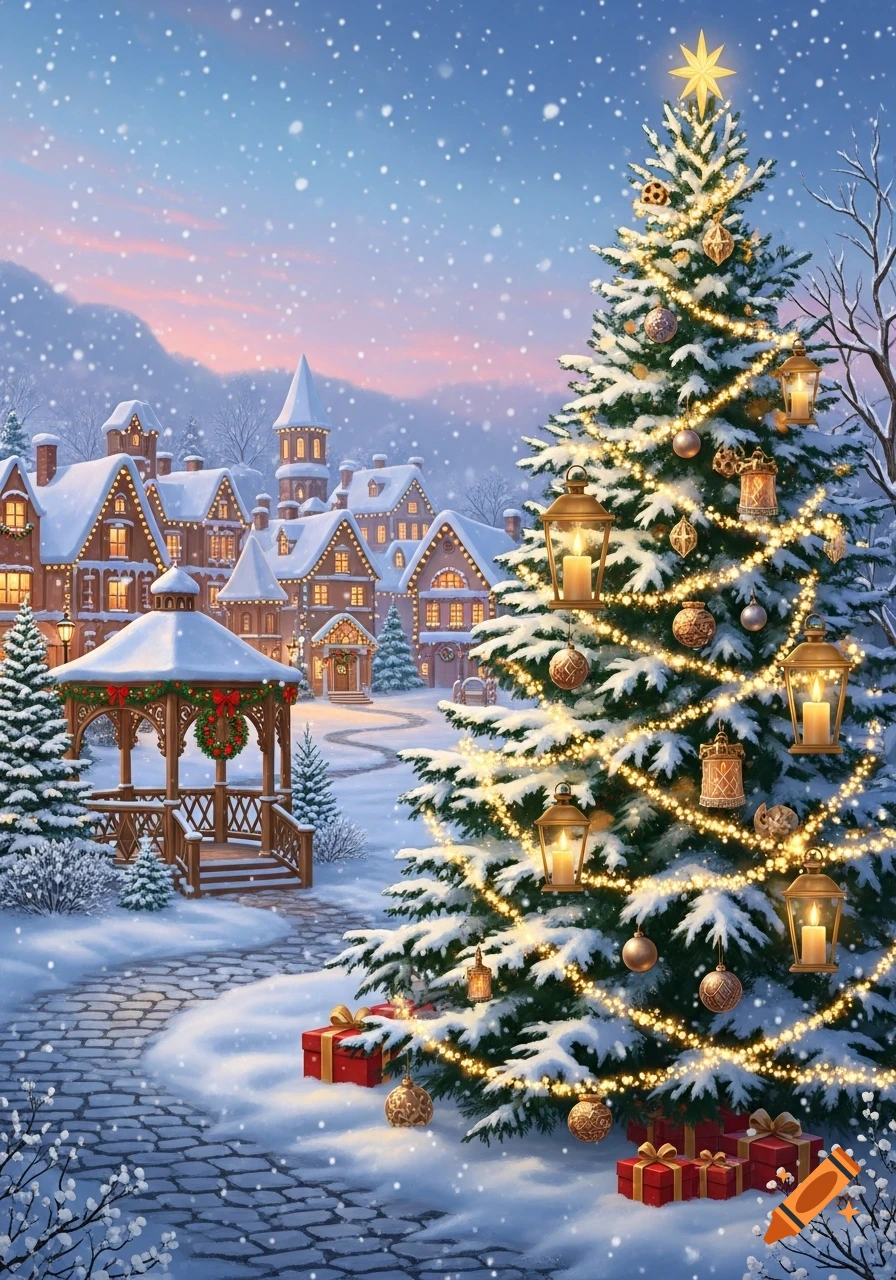 A festive winter wonderland scene with a large, decorated Christmas tree, glowing lanterns, snow-covered houses, and a gazebo.
