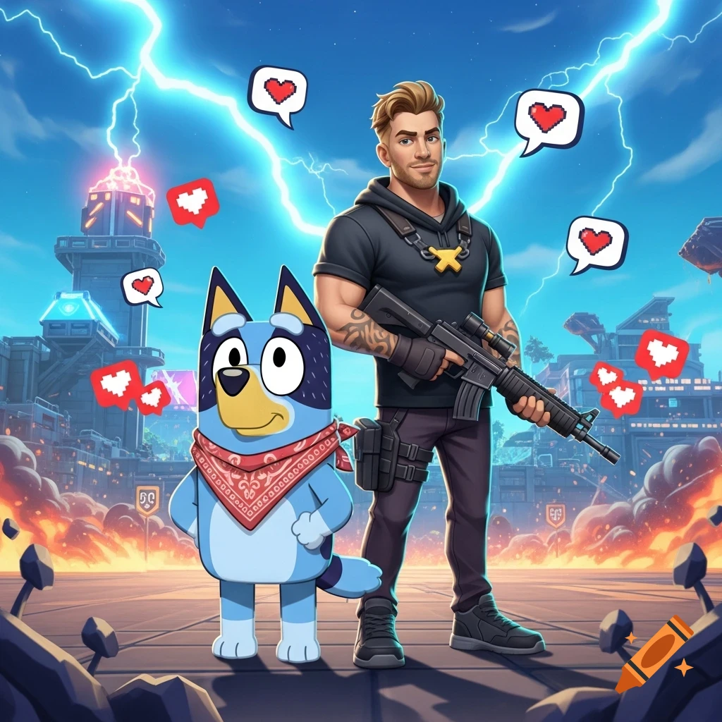 Bluey stands beside a muscular man in tactical gear holding a rifle, with pixelated hearts and lightning in a futuristic city, digital art.