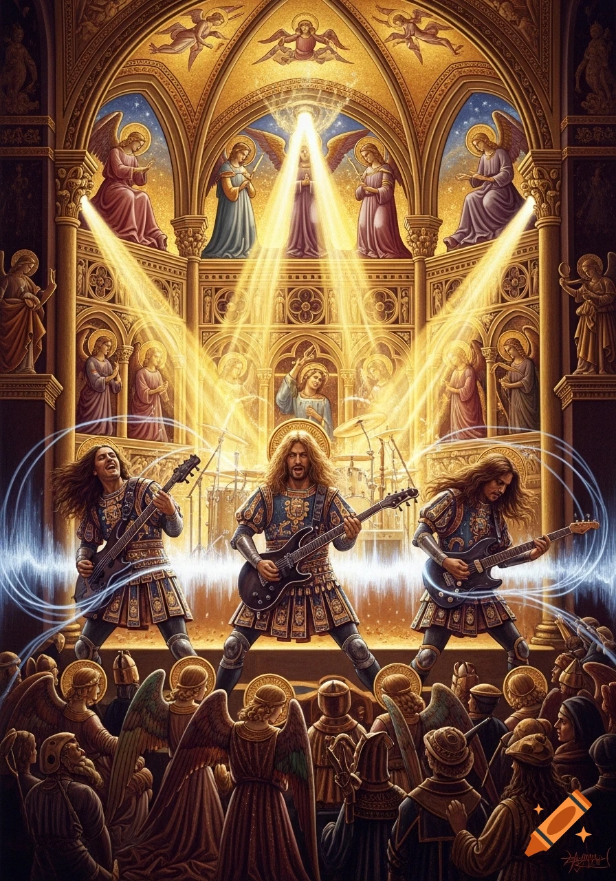 A heavy metal band plays guitars in a golden, ornate cathedral, with angels and religious figures in the audience, in a dramatic renaissance painting style.