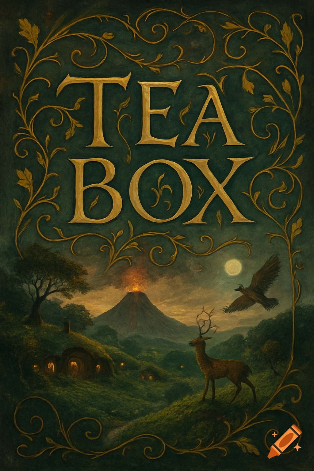 Ornate gold text 'TEA BOX' over a fantasy landscape with a glowing volcano, hobbit holes, a deer, and a bird.