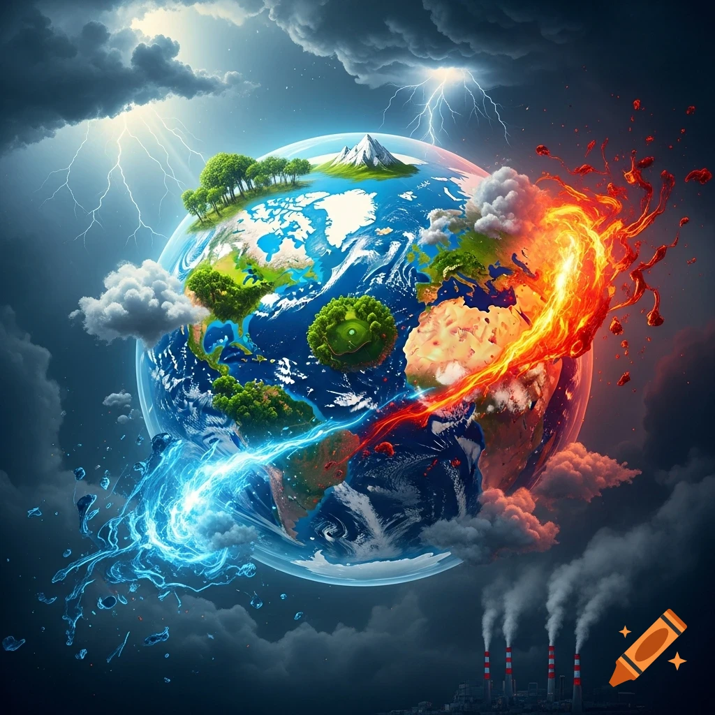 A stylized Earth split between vibrant green nature, stormy skies with lightning, and a fiery, polluted side with smoke stacks.