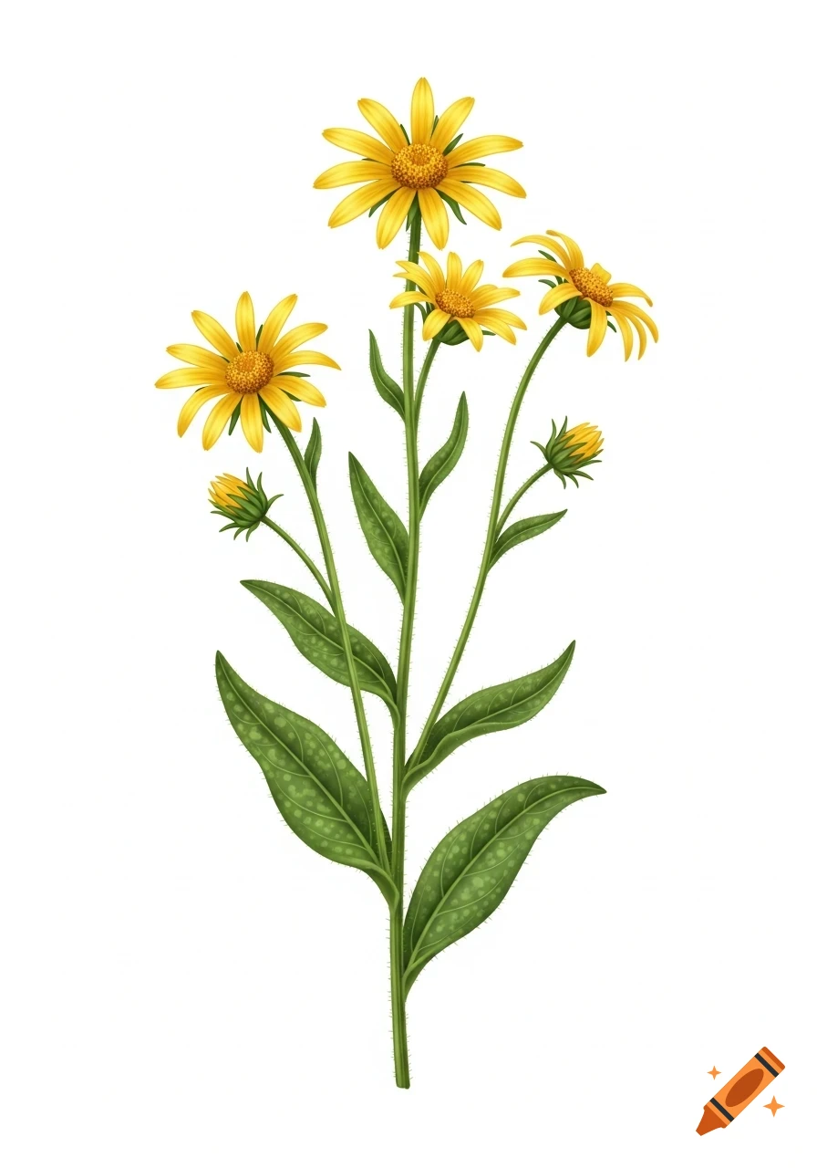 Realistic botanical illustration of an Arnica Montana plant with yellow flowers, buds, and green leaves on a white background.
