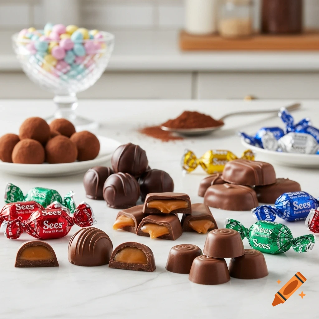 Various milk and dark chocolate candies, some unwrapped, with caramel filling, and 'Sees' wrappers, on a white surface.