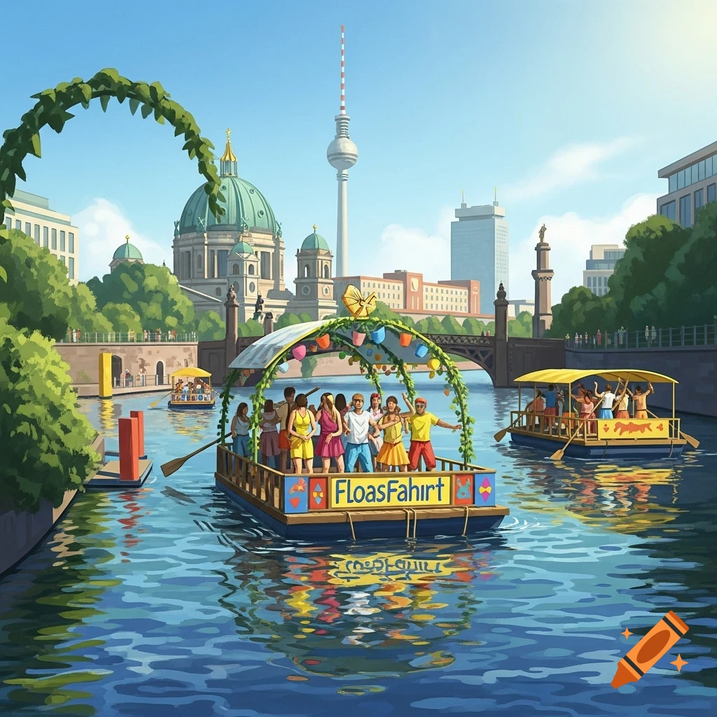 Illustrative view of people on decorated boats on a river in Berlin, with the Berlin Cathedral and TV Tower in the background.