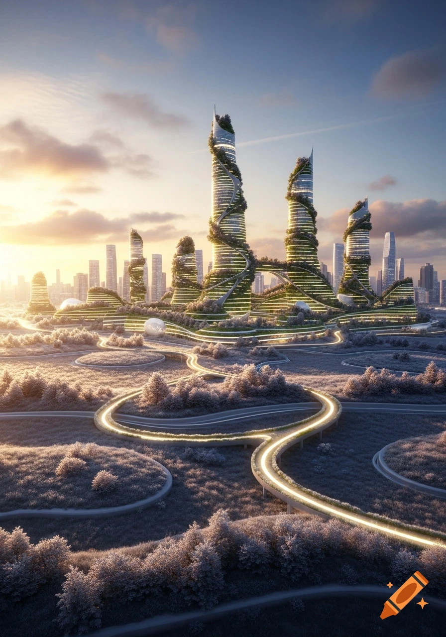 Photorealistic futuristic city with nature-integrated skyscrapers, glowing roads, and snow-dusted fields at sunset.