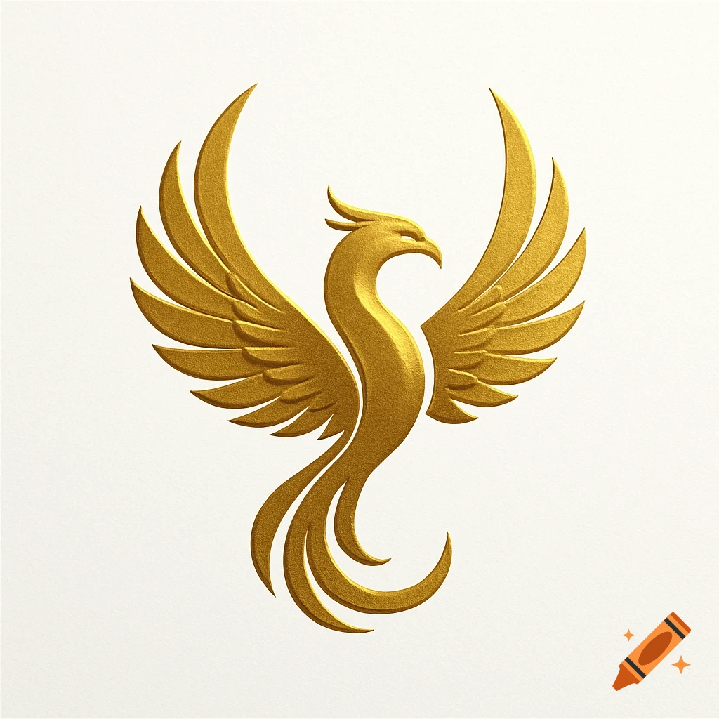 Stylized golden phoenix logo with outstretched wings on a white background.