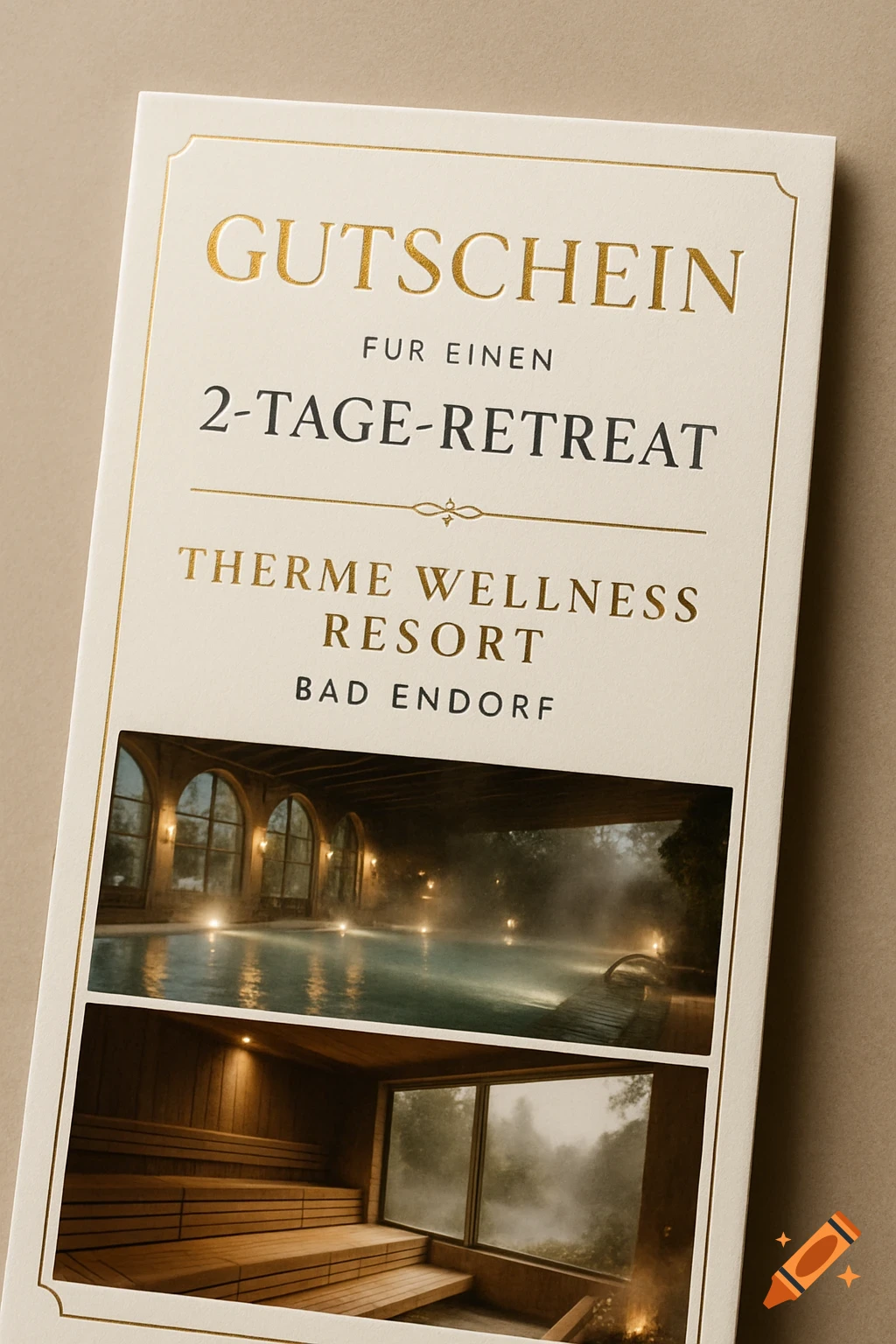 An elegant gift voucher for a 2-day retreat at Therme Wellness Resort Bad Endorf, featuring a steaming indoor pool and a sauna room.