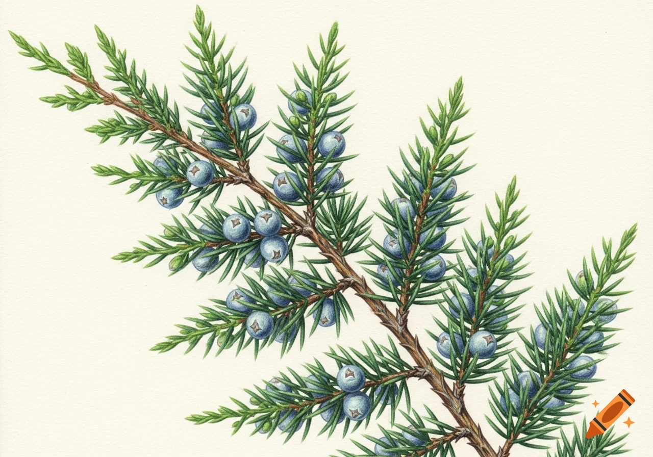 A colored pencil drawing of a juniper branch with green needles and blue berries on a light background.