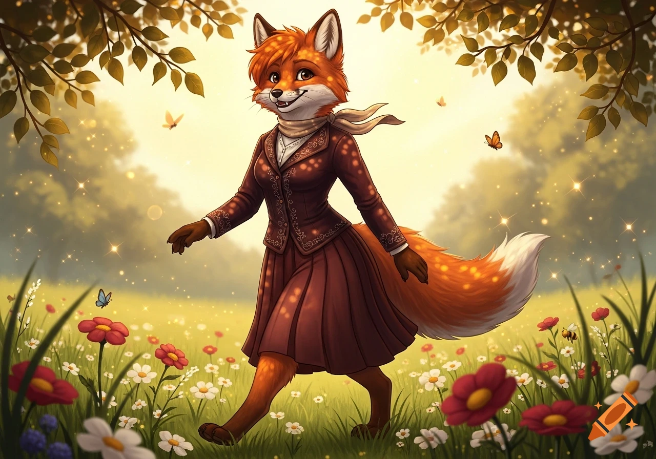 Anthro female fox in a brown suit and skirt walks through a vibrant, sparkling flower meadow with butterflies.