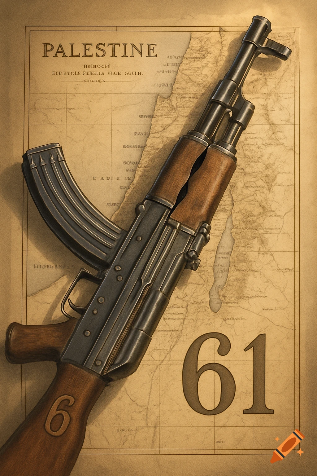 An AK-47 style rifle with wooden elements lies across an old map of Palestine, featuring the numbers "61" and "6".