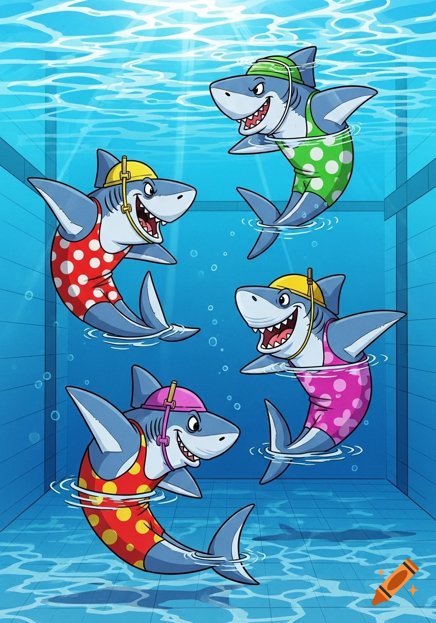 Comic style illustration of four cartoon sharks in colorful swimsuits and caps doing synchronized swimming in a pool.