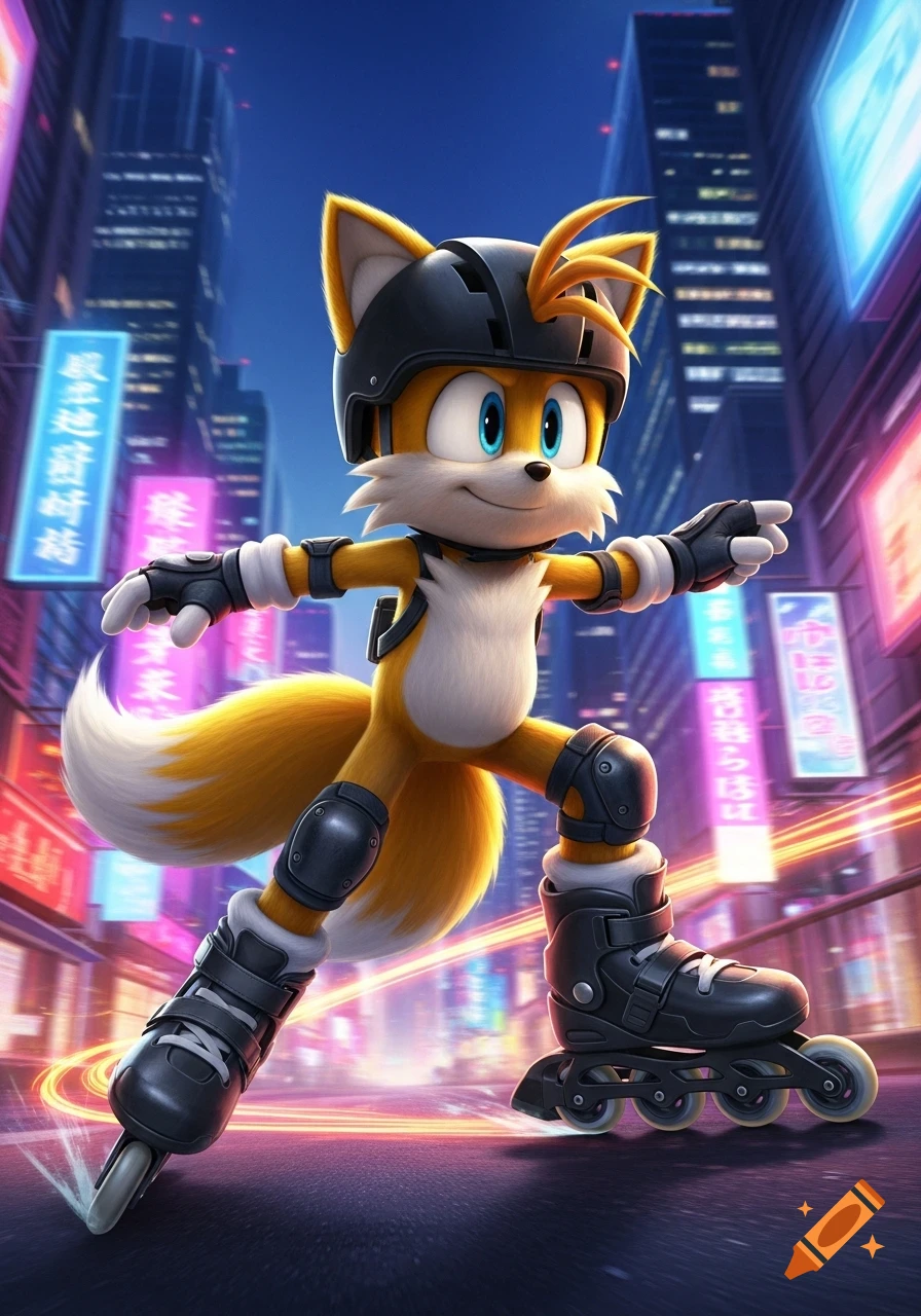 Tails from Sonic rollerblading in a city street at night, wearing a black helmet and pads. Neon lights illuminate the background.