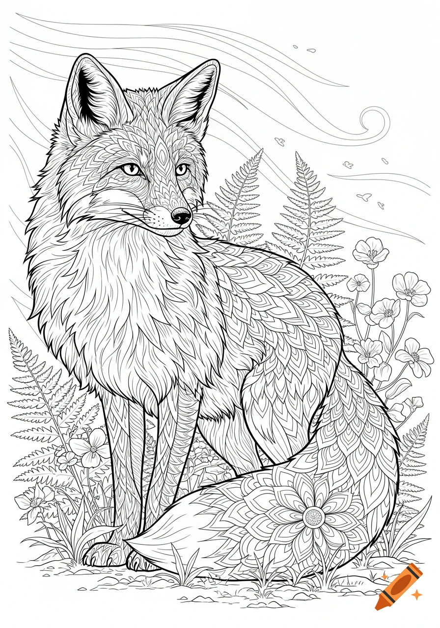 A black and white line art coloring page features a fox with intricate mandala patterns on its fur, standing amidst ferns and flowers.